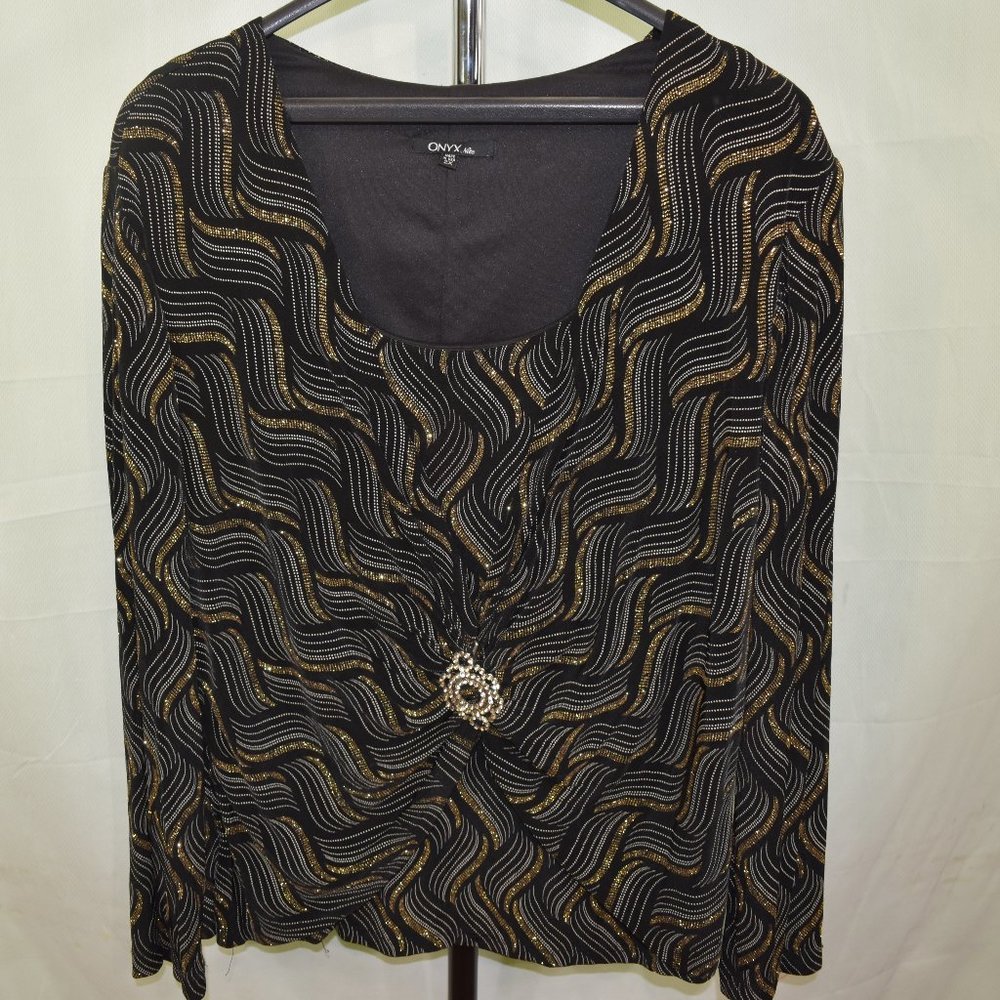 Onyx Nite Size 2X Black Top Blouse Metallic Gold Thread Rhinestone
